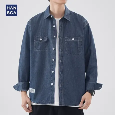 hansca美式牛仔衬衫男长袖春季新款复古水洗翻领宽松休闲衬衣外套图片