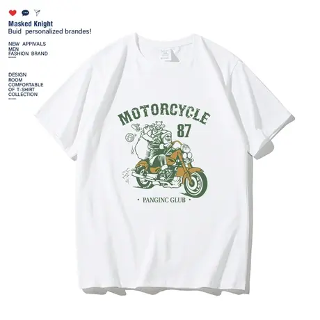 美式复古机车印花短袖男t恤潮牌情侣装夏季纯棉宽松休闲半袖上衣图片