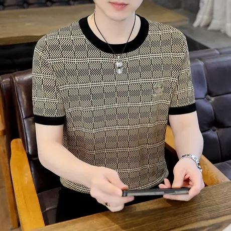 潮牌新款冰丝T恤男士潮流时尚冰麻针织短袖体恤夏季圆领ins薄夏装商品大图