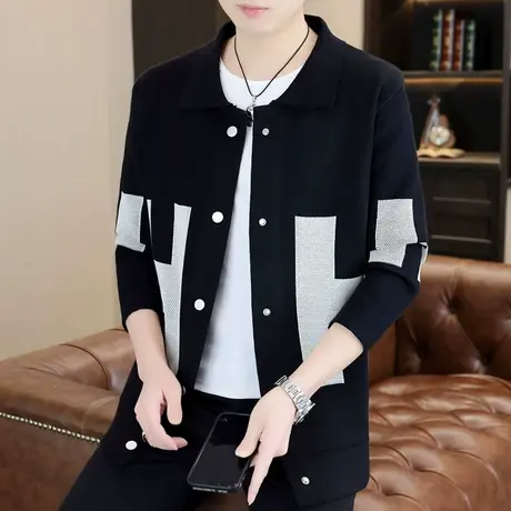 潮牌个性帅气针织开衫毛衣男新款学生春秋季翻领薄款夹克外套潮流商品大图