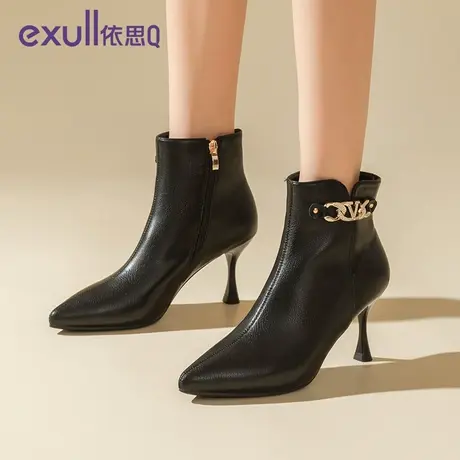 依思q尖头细跟短靴英伦风马丁靴冬季加绒厚底粗跟弹力靴瘦瘦靴女商品大图