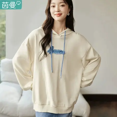 茵曼胸襟牛仔贴布绣花全棉卫衣2024春女装新款小落肩连帽显瘦上衣图片