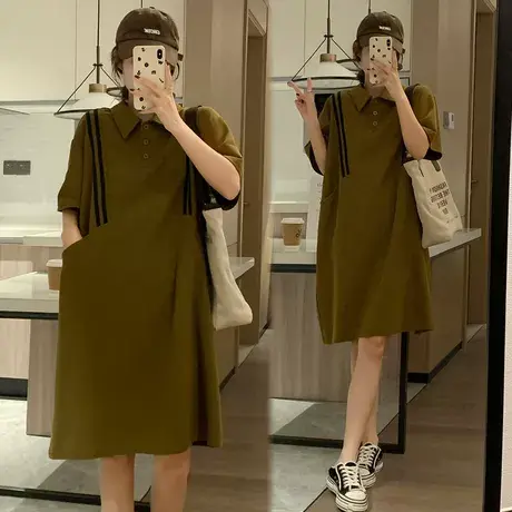 夏装胖mm大码韩版宽松中长款短袖T恤裙女遮肚子polo领连衣裙200斤商品大图