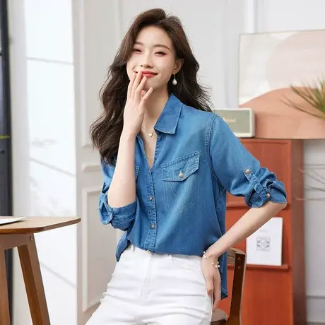 时尚气质牛仔短袖衬衫2023年夏季新款女简约翻领宽松显瘦通勤上衣商品大图