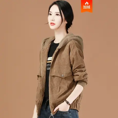 韩潮袭人2023年冬装新款加绒加厚灯芯绒短外套女连帽保暖棉衣棉服商品大图