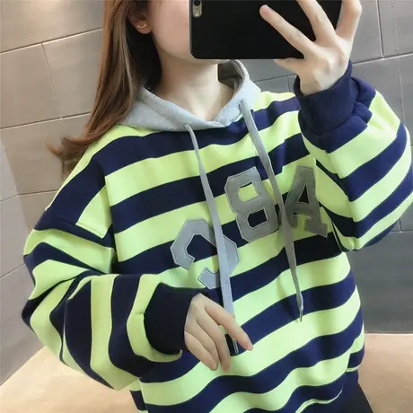韩版连帽女装2023秋季新款气质时尚英文宽松长袖条纹卫衣百搭女士商品大图