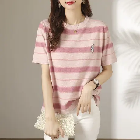 套头针织衫女薄款2023新款夏季宽松条纹打底衫半袖上衣洋气t恤ins商品大图