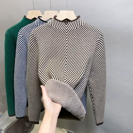 2023冬新款半高领一体绒毛衣女套头加绒加厚条纹针织女保暖打底衫商品大图