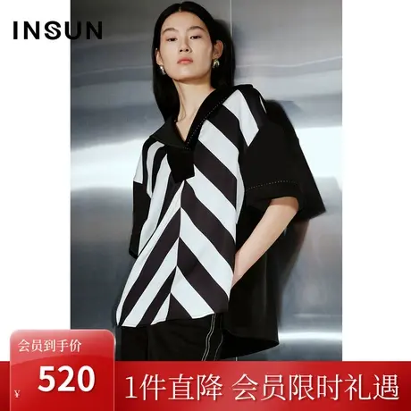 恩裳COVER2023年夏装新款领口撞色设计舒适透气慵懒落肩醋酸上衣图片