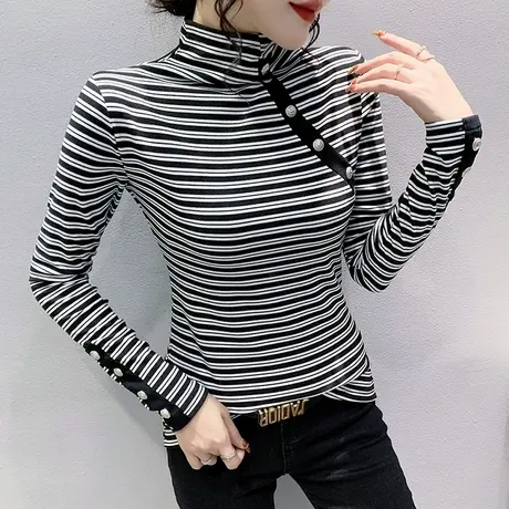 半高领打底衫女春秋2023新款黑白条纹气质上衣修身显瘦长袖T恤ins商品大图