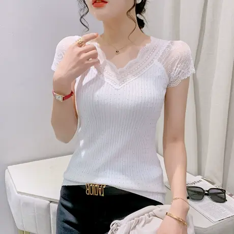欧货性感针织短袖女网纱拼接V领T恤夏季重工烫钻小衫百搭紧身上衣商品大图