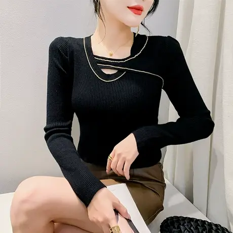 2023秋冬新款套头针织衫性感镂空烫钻拼接毛衣气质减龄修身打底衫图片