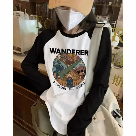 美式复古上衣女小众设计感内搭黑白撞色打底衫女秋冬冬插肩袖t恤商品大图