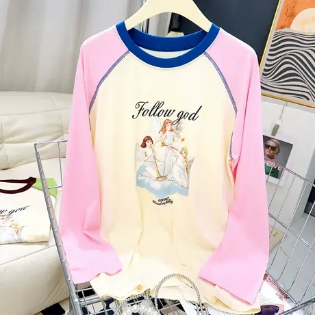 韩国东大门拼色长袖防晒罩衫夏款chic小香风气质天丝棉T恤大码商品大图