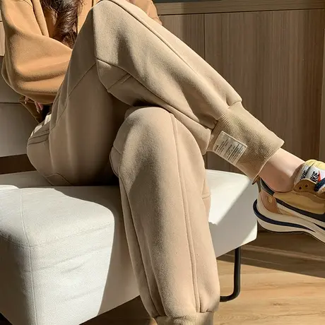 咖色运动裤女束脚秋加绒加厚高腰宽松显瘦九分休闲小脚哈伦卫裤潮商品大图