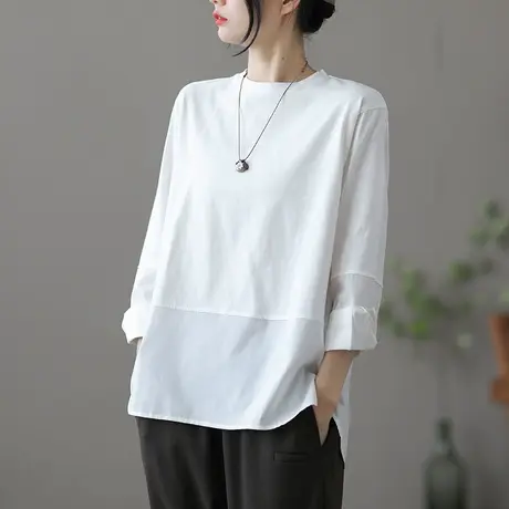 dza文艺复古白色纯棉长袖t恤女士2023秋冬新款宽松打底衫短款体恤商品大图