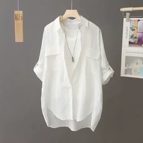 中长款纯棉白色衬衫女中袖夏季2023新款薄款衬衣五分袖上衣宽松女图片