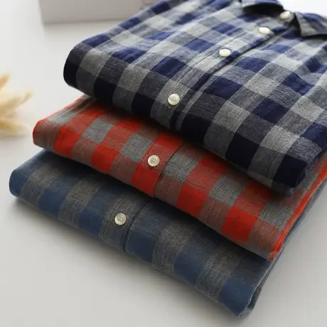 春秋新款全棉双层棉纱长袖衬衫女款翻领宽松休闲口袋格子衬衣外穿图片