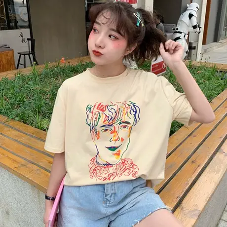 网红超火cec短袖t恤古着感少女宽松2019韩版ins潮丧系怪味上衣服图片