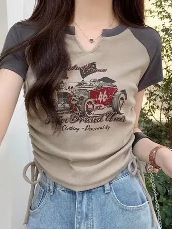 美式复古撞色插肩T恤女短袖夏V领正肩抽绳收腰显瘦遮肚子短款上衣商品大图