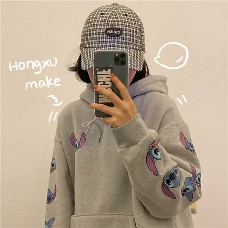 cec超火ins潮2019新款韩版宽松学院风卡通加绒加厚连帽卫衣女外套图片