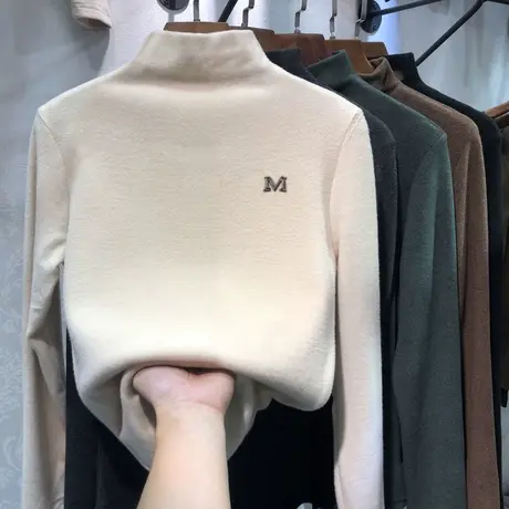 大码2022秋冬洋气双面羊绒打底衫女士内搭t恤半高领磨毛德绒上衣图片