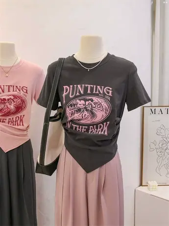 设计感两侧褶皱不规则短袖t恤女夏别致修身显瘦字母印花辣妹上衣商品大图