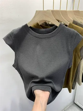 欧货飞飞袖早秋修身套头纯色拼接羊绒弹力软糯针织短袖T恤打底衫商品大图