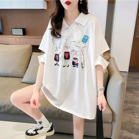 小众设计感短袖t恤女夏季韩版宽松大码女装中长款翻领百搭上衣服商品大图