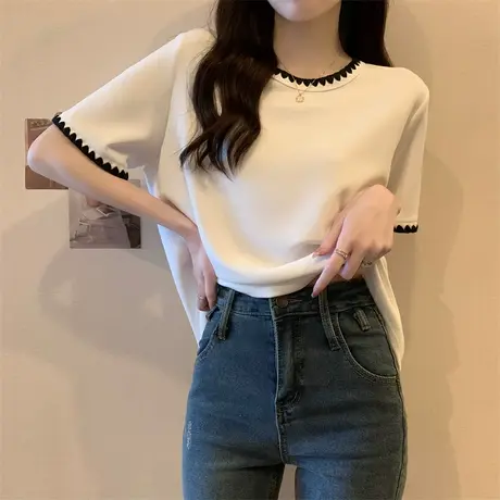 法式复古拼色针织短袖T恤女2023新款夏季正肩小香风独特别致上衣商品大图