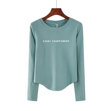 秋冬新款圆领下摆圆弧纯欲修身双面德绒印花长袖体恤上衣内搭女商品大图