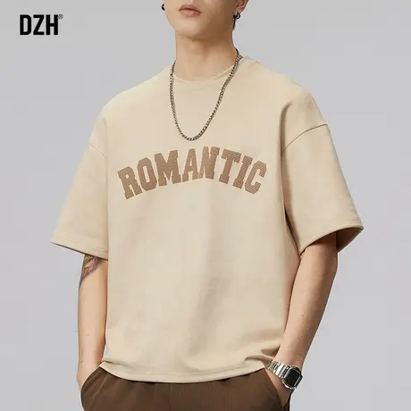 男士杏色圆领t恤男短袖潮牌2023新款印花上衣宽松五分袖夏季男装商品大图