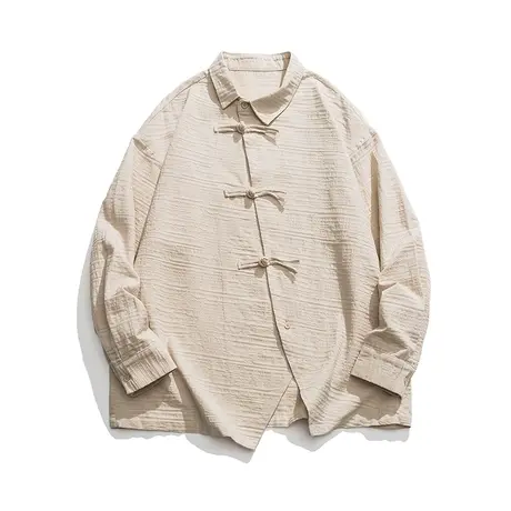 秋冬季新款男长袖衬衫宽松加大码休闲中国风盘扣斜襟中式潮上衣服商品大图