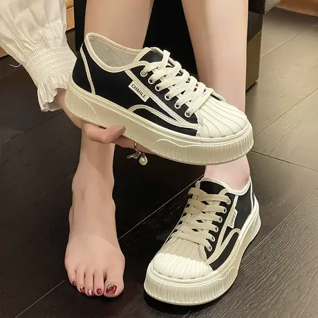 贝壳头帆布鞋女鞋子黑色2023春季新款厚底饼干鞋学生休闲板鞋女款图片