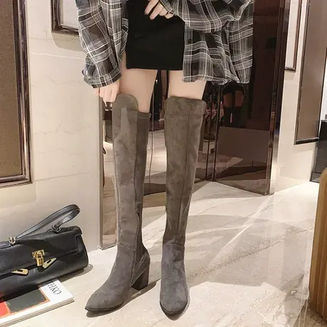 高跟靴子女欧美风2023秋冬网红新款气质加棉粗跟时尚百搭过膝长靴图片