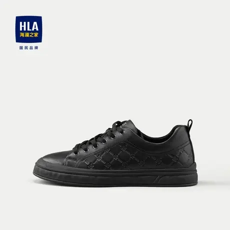 HLA/海澜之家头层牛皮休闲鞋2024新款抽绳系带字母印花圆头鞋子男商品大图