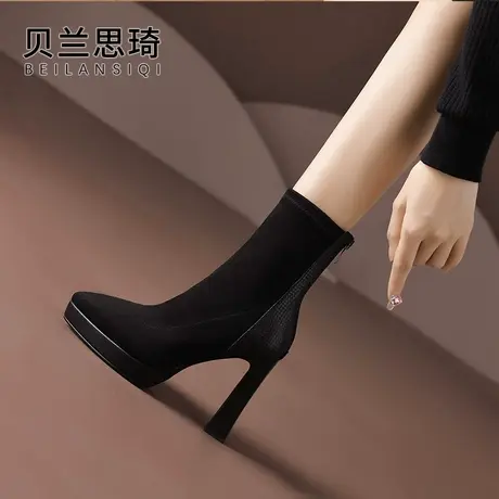 真皮尖头厚底粗跟短靴女2024秋冬季单靴防水台高跟弹力靴瘦瘦靴子商品大图