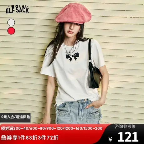 妖精的口袋蝴蝶结印花白色短袖t恤女2024年早春新款宽松内搭上衣商品大图