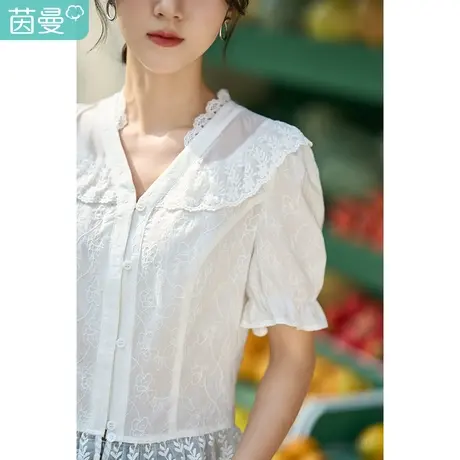 茵曼蕾丝花边V领衬衫女2023夏季新款提花宽松气质花苞袖短袖衬衣商品大图