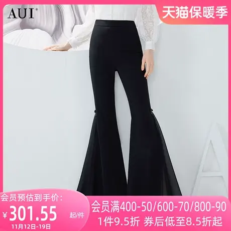 AUI黑色复古休闲裤子女2023夏新款高腰修身显瘦气质百搭微喇叭裤商品大图