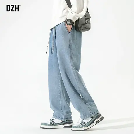 男士松紧腰蓝色牛仔裤男直筒宽松2023年新款秋季垂感裤子休闲百搭商品大图