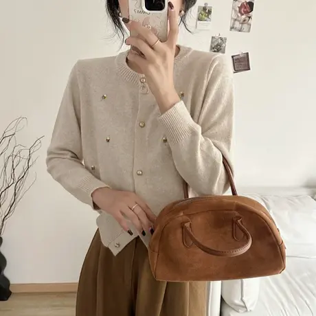 25221-浣熊绒圆领纯色长袖针织开衫上衣女士秋冬时尚百搭气质外套商品大图