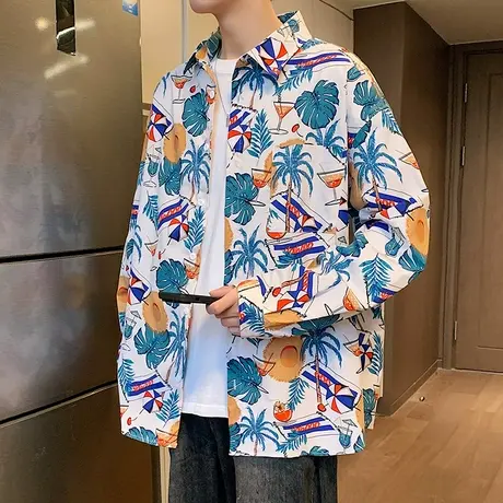 2025新款港风长袖花衬衫男士春秋季潮牌oversize宽松休闲衬衣外套商品大图
