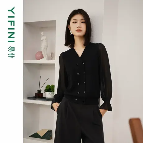 [专柜同款]Yifini/易菲V领双排扣假开襟拼接长袖宽松针织毛衫女秋商品大图