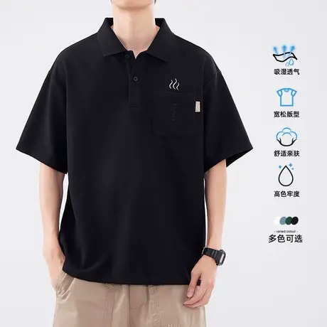 hansca口袋刺绣短袖Polo衫男夏季日系复古休闲透气华夫格翻领体恤商品大图