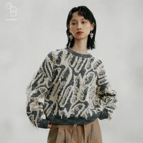 子苞米冬季新款不规则印花绵羊毛百搭时尚女式针织衫商品大图