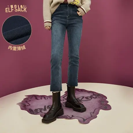 妖精的口袋复古紧身加绒牛仔裤女2022秋冬季新款显瘦直筒小脚裤子图片