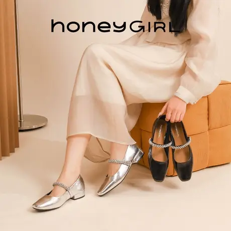 honeyGIRL复古浅口玛丽珍鞋春季2025新款女鞋方头一脚蹬水钻单鞋商品大图