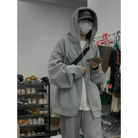 卫衣2022新款女大码加绒连帽开衫ins潮加厚美式学院风外套上衣秋商品大图