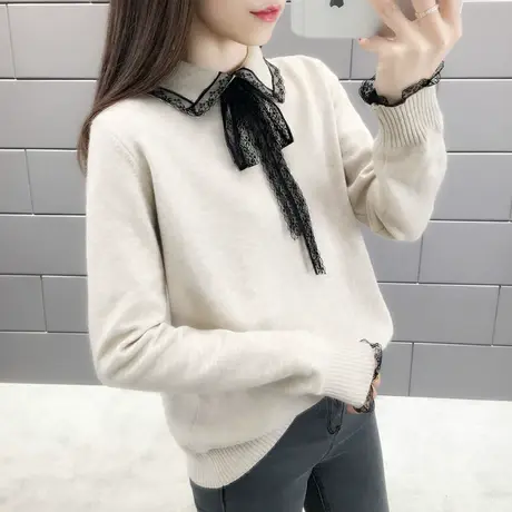 春装2022新款修身显瘦针织打底衫内搭套头毛衣女蝴蝶结薄款上衣图片